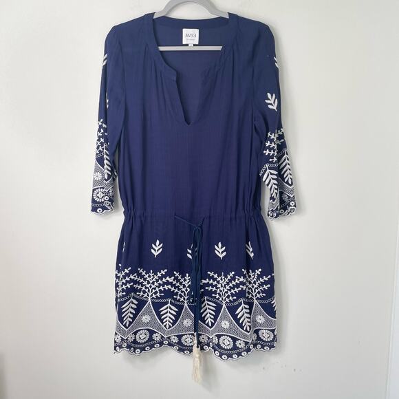 Misa Los Angeles Serene Embroidery Denim Blue Tassel Tunic Dress Boho Coastal S - Picture 1 of 6